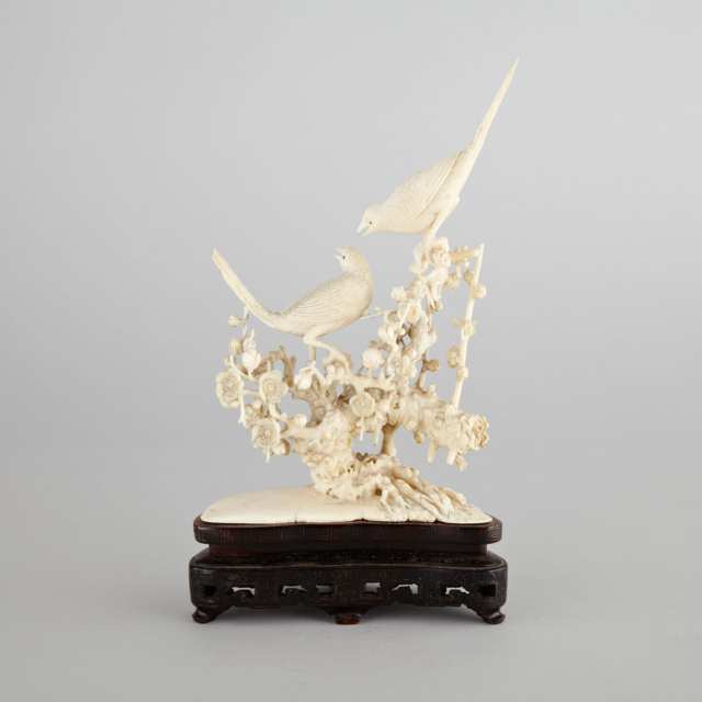 Ivory Carved Bird and Hawthorn Group, Circa 1930