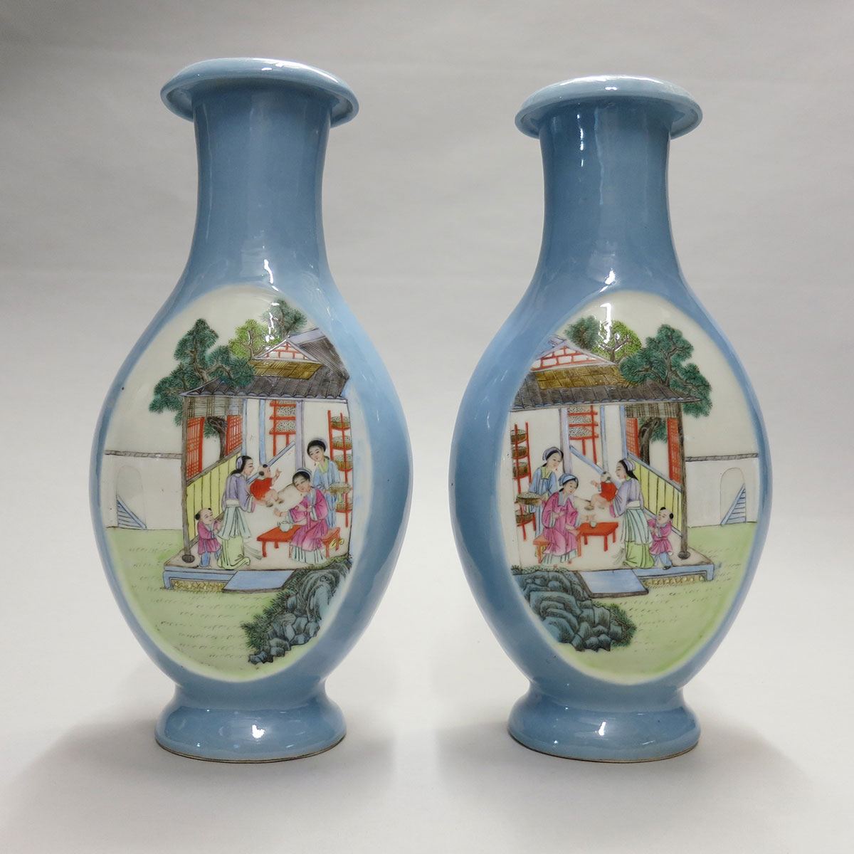 Pair of Famille Rose Powder Blue Ground Vases, Yongzheng Mark, Mid 20th Century