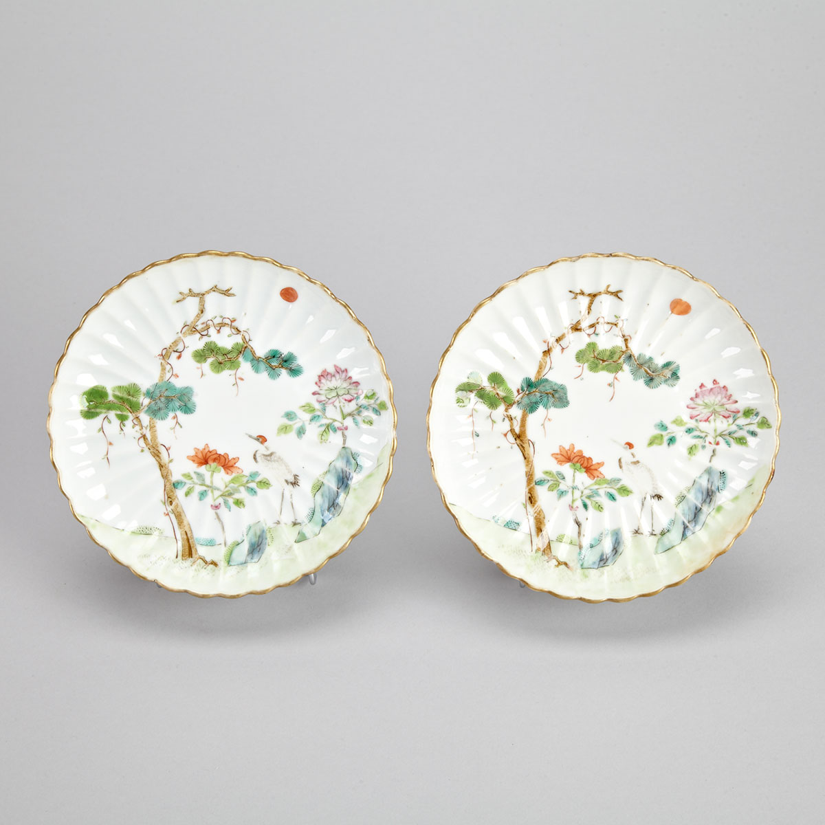 Pair of Famille Rose ‘Crane and Pine’ Dishes, 19th Century