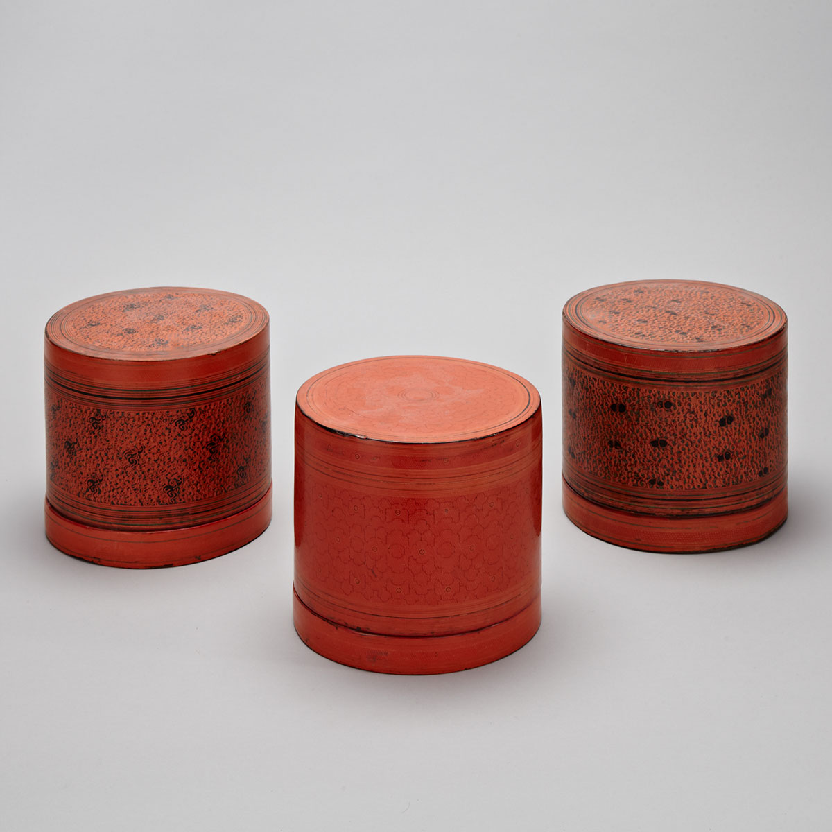 Three Red Lacquer Betel Boxes, Thailand, 19th/20th Century