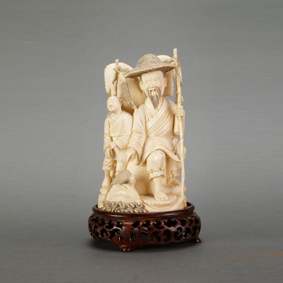 Ivory Carved Fisherman and Attendant, Circa 1940
