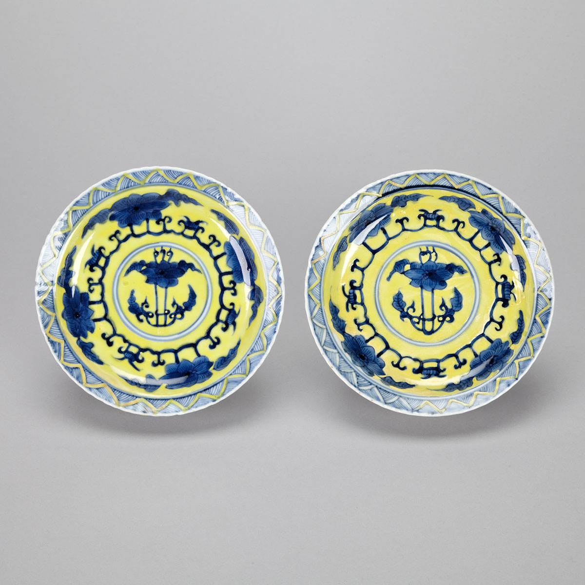 Pair Blue, White and Yellow Dishes, Kangxi Mark and Period (1662-1722)