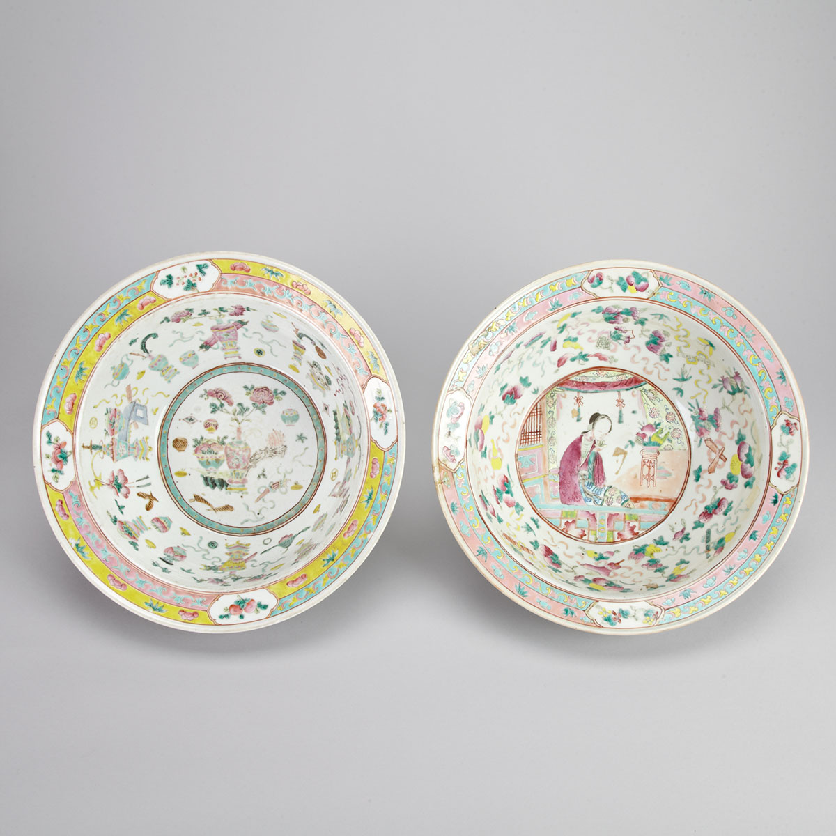 Pair of Large Famille Rose Basins, Late Qing Dynasty