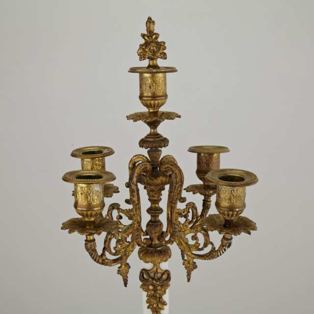 Pair of French Gilt Bronze and White Marble Five Light Candelabra, c.1900