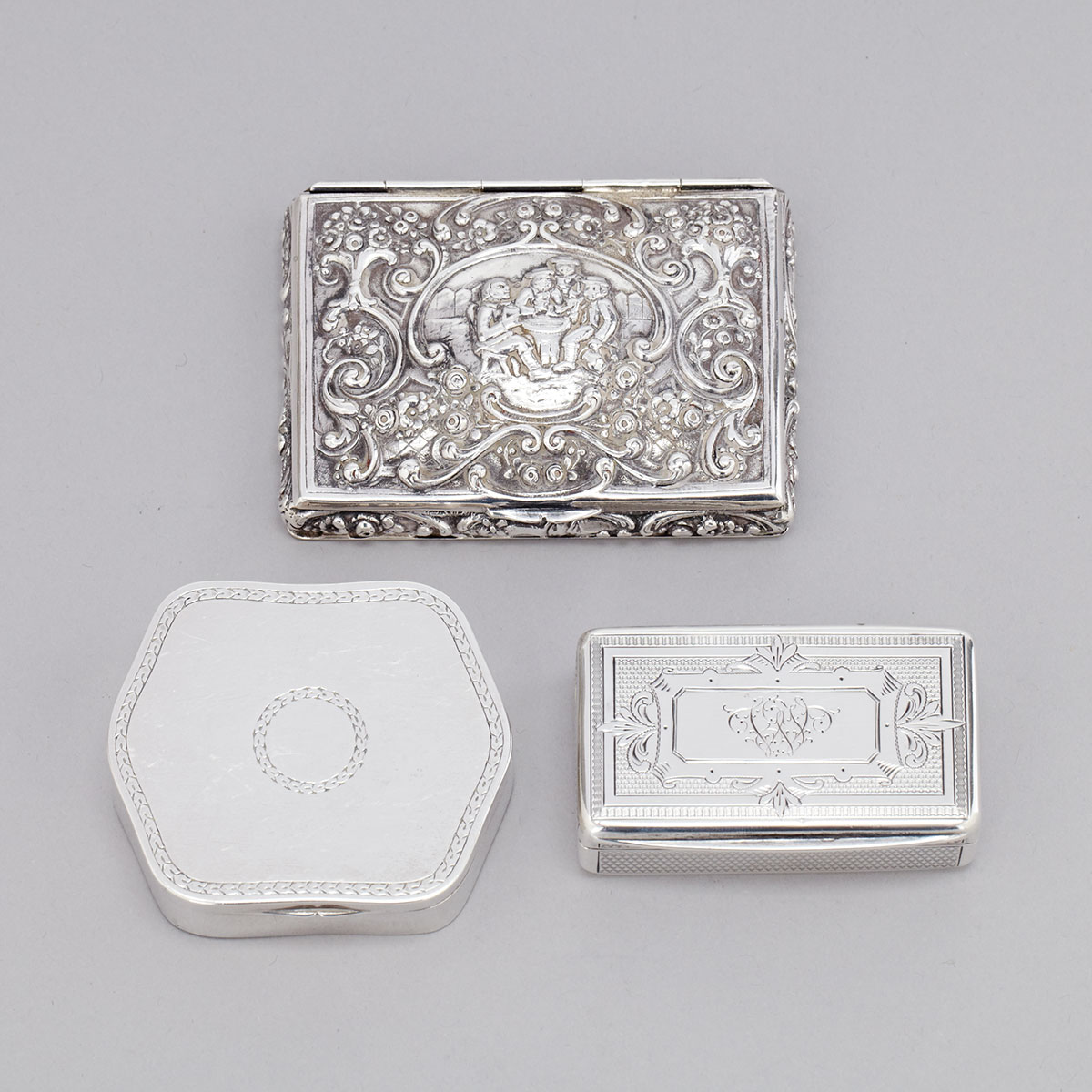 Group of Three Continental Silver Boxes, late 19th/early20th century