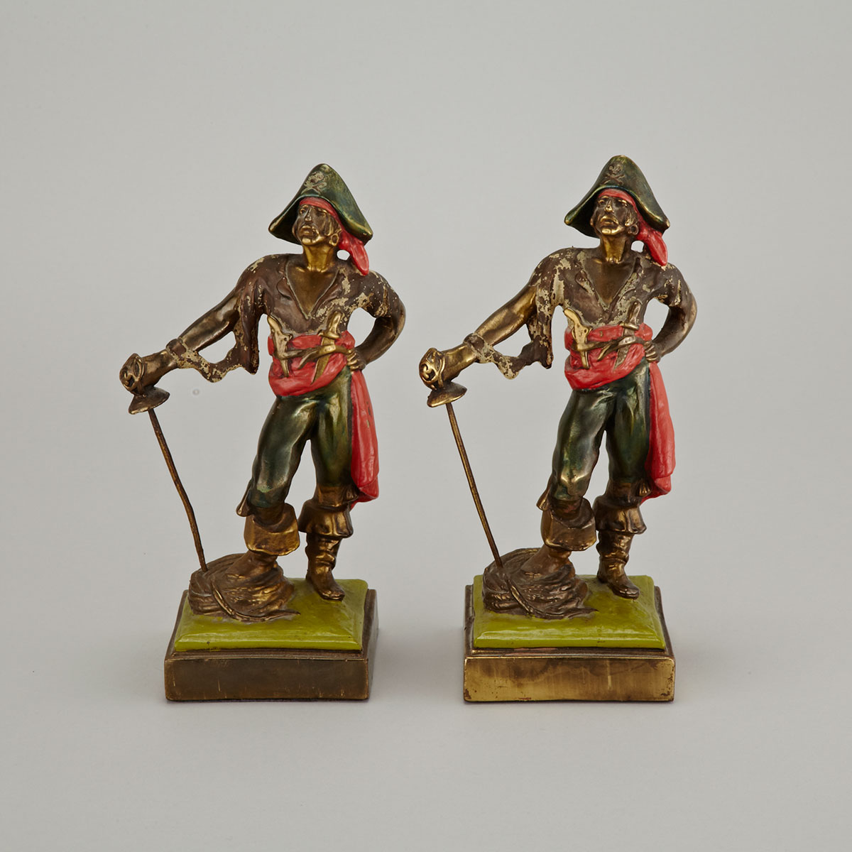 Pair of Cold Painted Electrotype Bookends, Paul Herzel for Pompeian Bronze Co., New York, c.1920