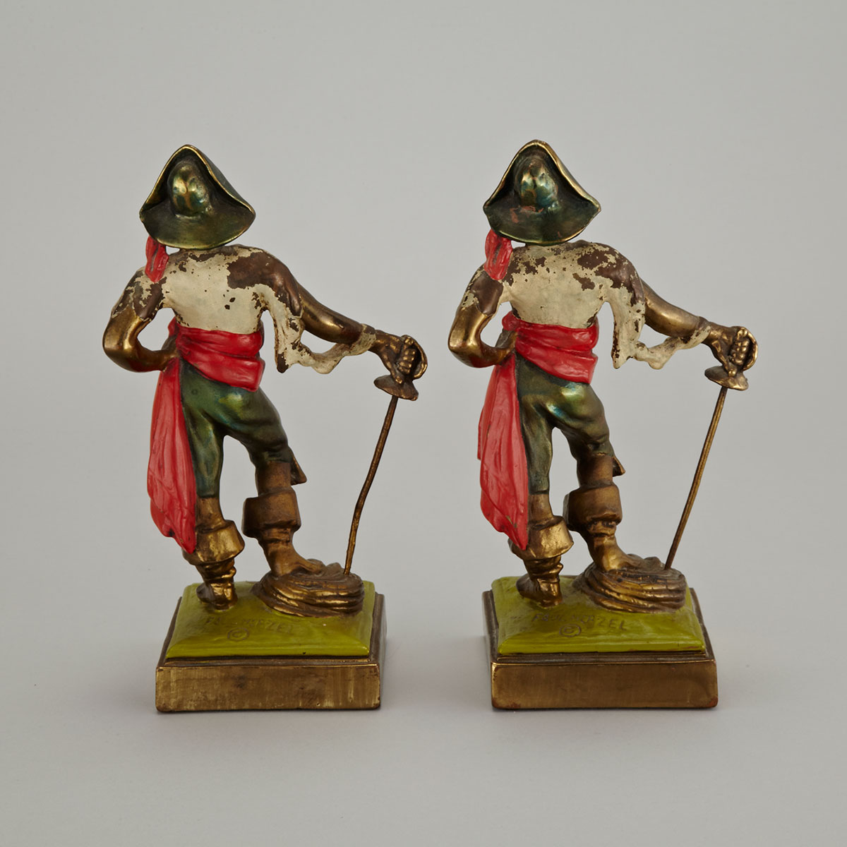 Pair of Cold Painted Electrotype Bookends, Paul Herzel for Pompeian Bronze Co., New York, c.1920