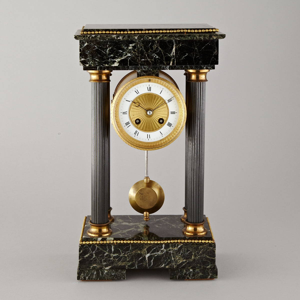 French Verde Antico and Gilt and Lacquered Brass Portico Mantle Clock, early 20th century
