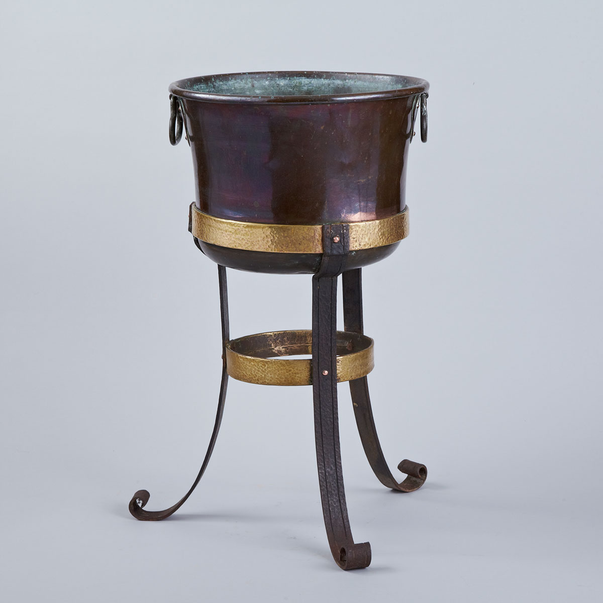 Arts and Crafts Wrought Iron, Copper and Brass Wine Cooler Jardiniere on Stand, c.1900