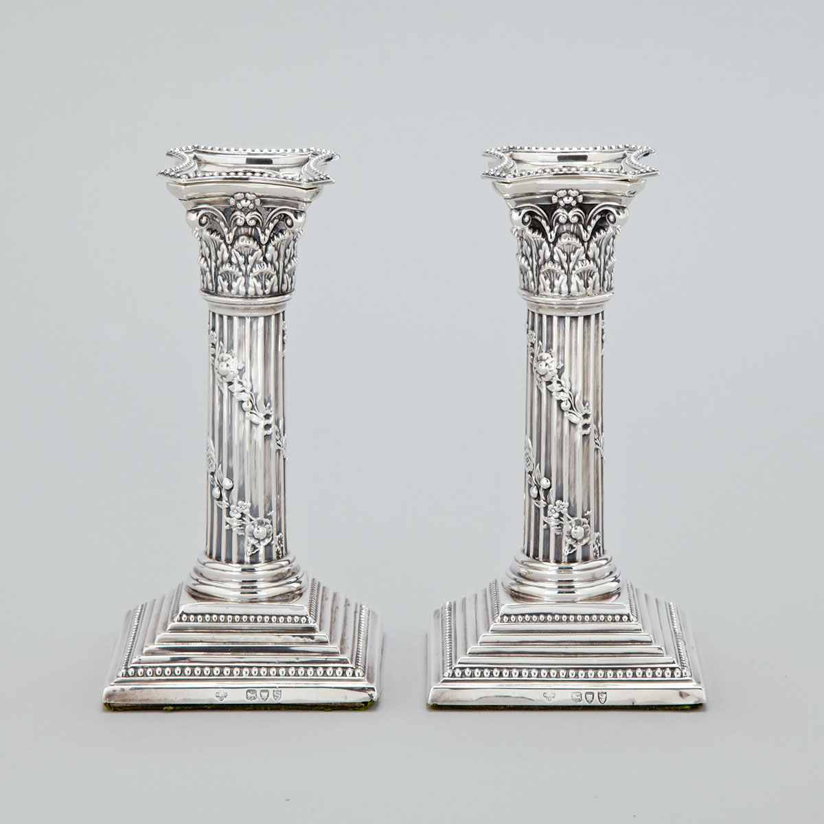 Pair of English Silver Corinthian Columnar Candlesticks, Horace Woodward & Co., London, 1893