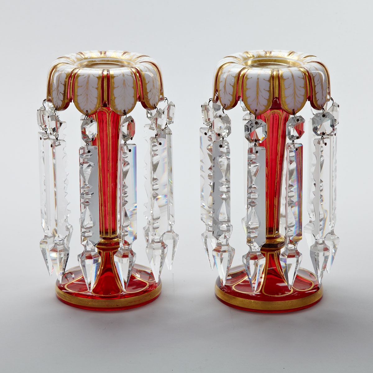 Pair of English Overlaid and Gilt Red Glass Lustres, third quarter of the 19th century