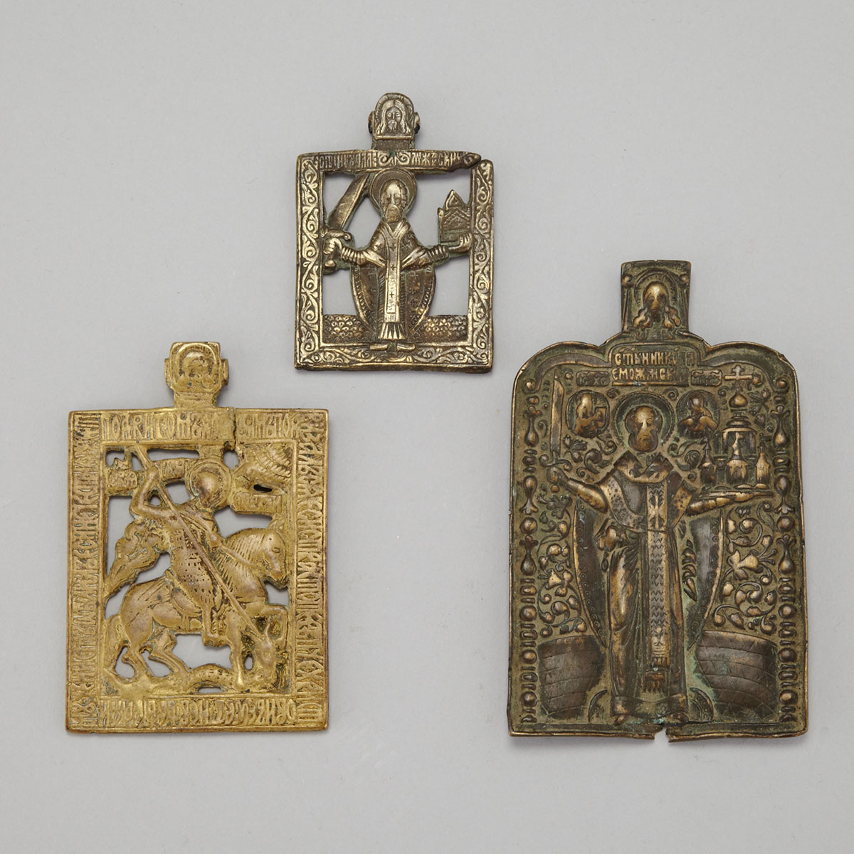 Group of Three Russian Bronze Travelling Icons, 18th/19th centuries