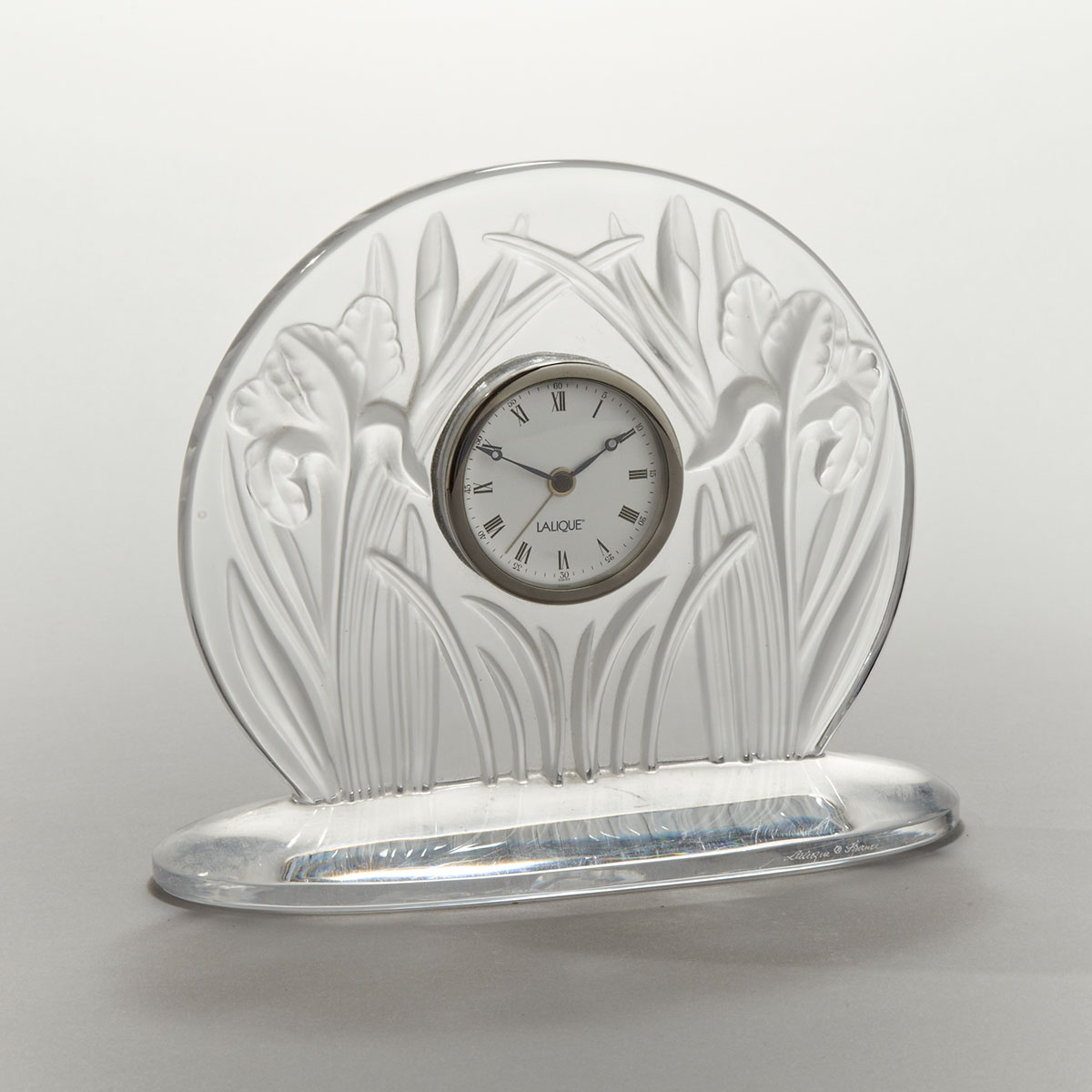 ‘Iris’, Lalique Moulded and Partly Frosted Glass Clock, Marie-Claude Lalique, dated 1988