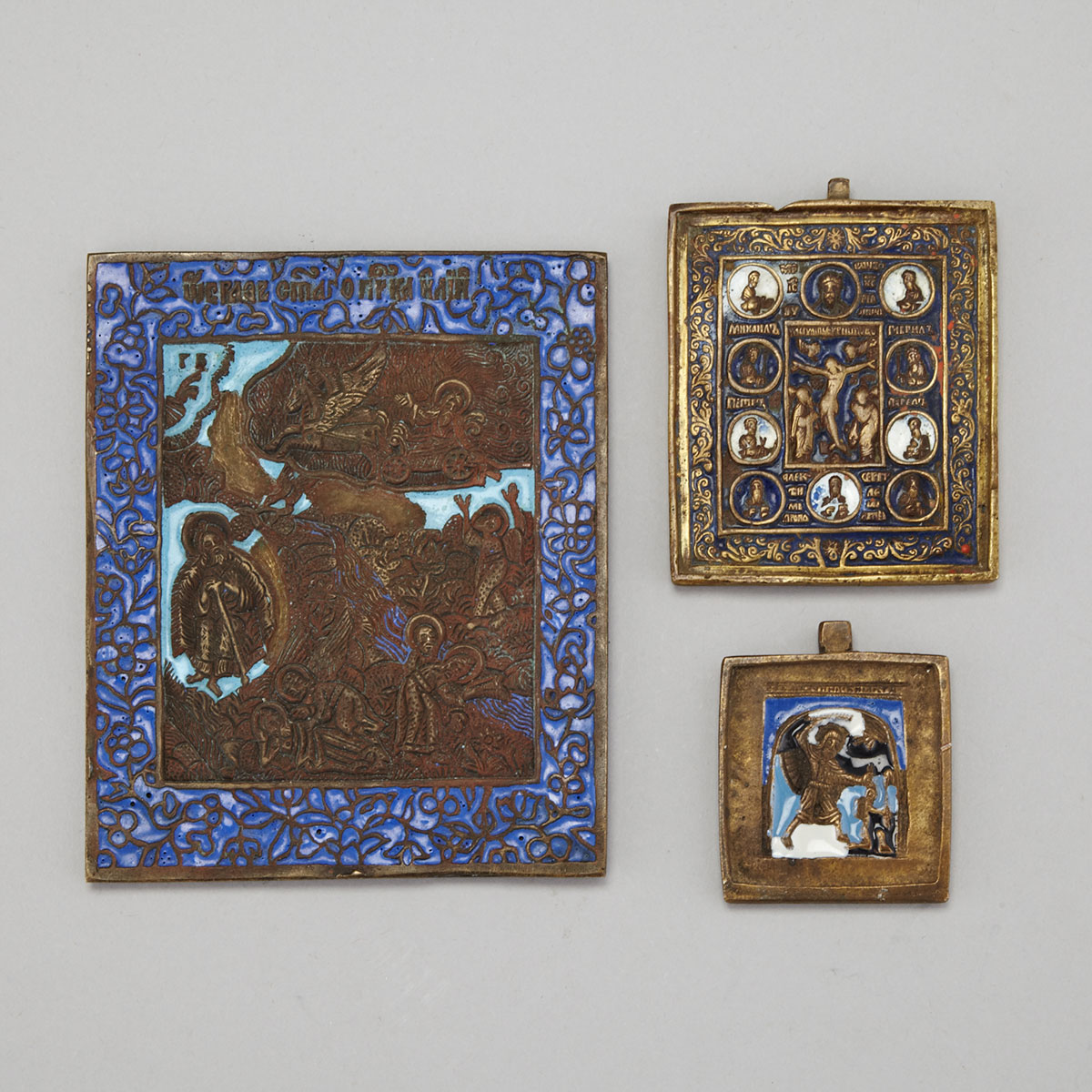 Group of Three Enamelled Bronze Travelling Icons, 19th century