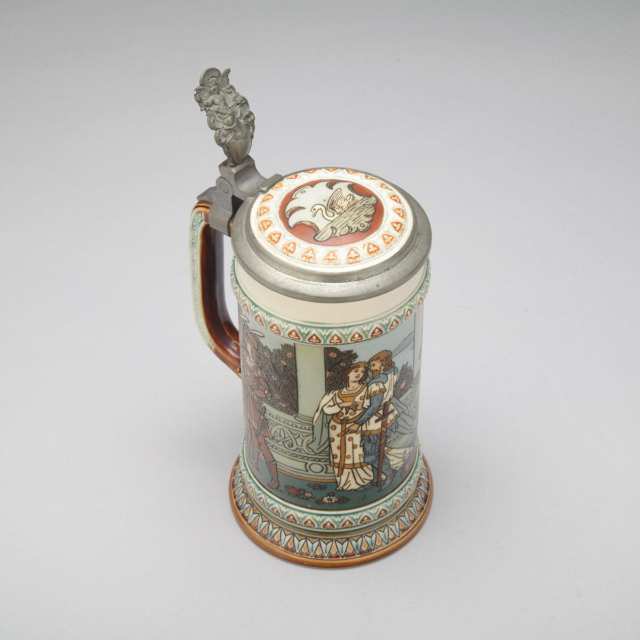 Pewter Mounted Mettlach Stoneware Stein, early 20th century