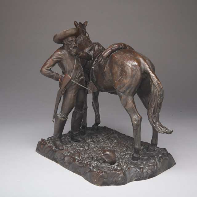 School of Remington Patinated Bronze Equestrian Group, 20th century
