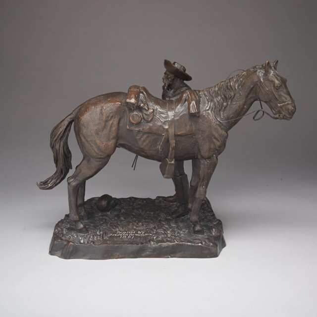 School of Remington Patinated Bronze Equestrian Group, 20th century