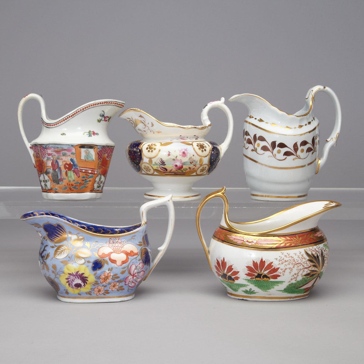 Group of Five English Porcelain Cream Jugs, late 18th/early 19th century