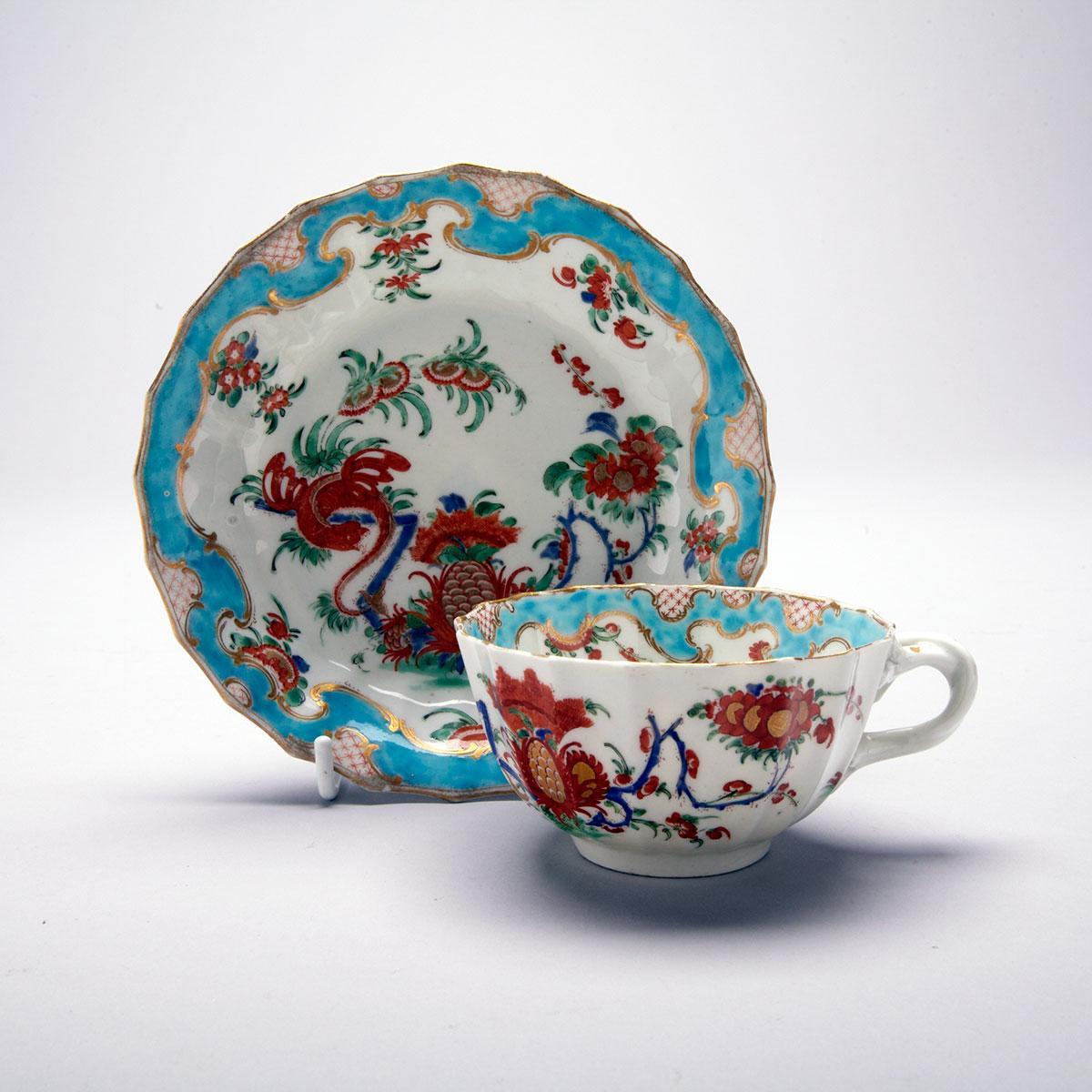 Worcester ‘Jabberwocky’ Pattern Fluted Tea Cup and Saucer, c.1770