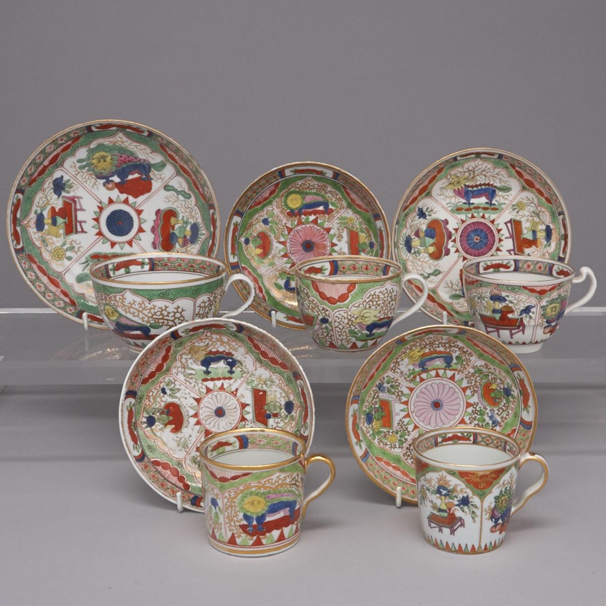 Five Various English Porcelain ‘Bengal Tiger’ or ‘Dragon in Compartments’ Pattern Cups and Saucers, c.1800-10