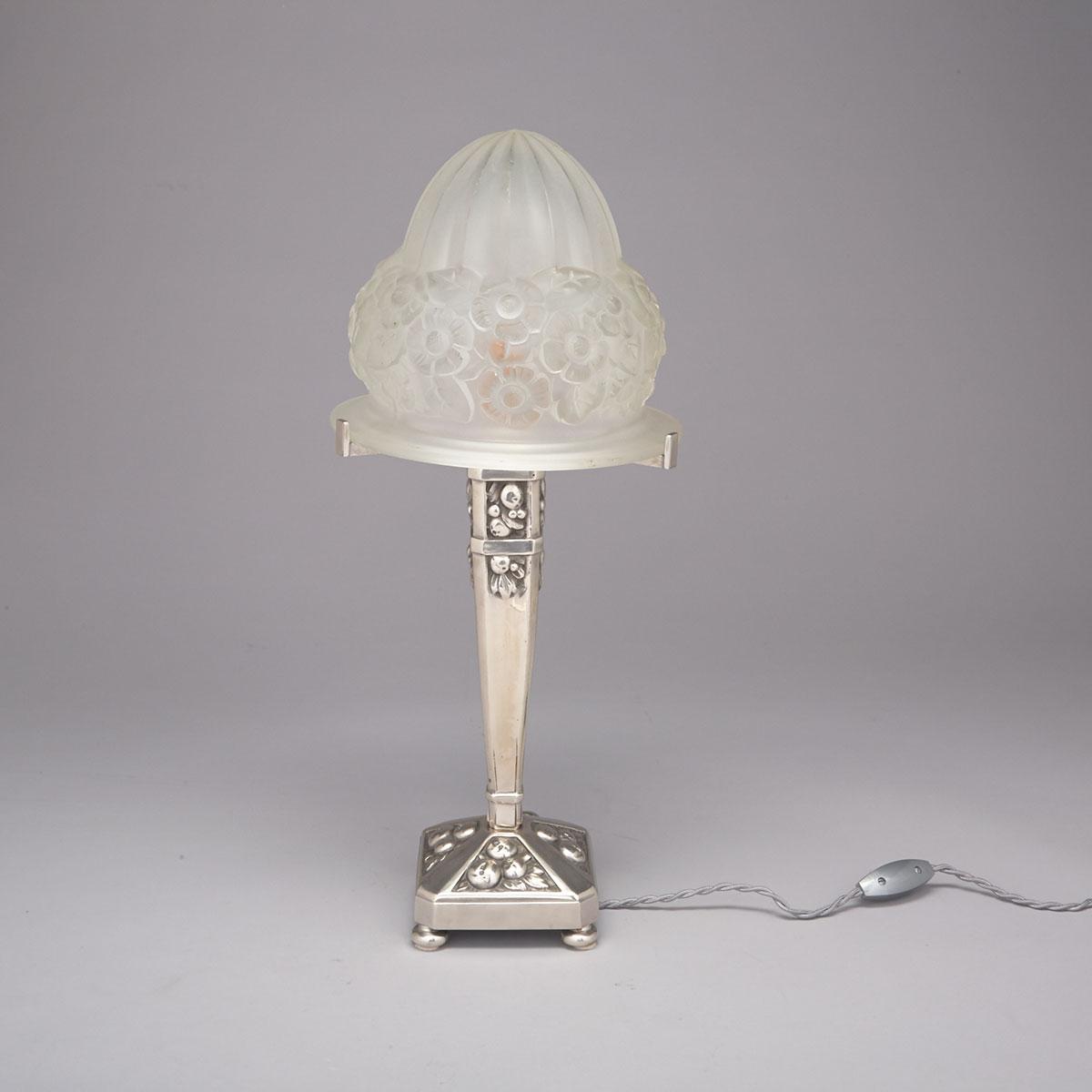 French Art Deco Nickel Plated Bronze and Glass Vanity Lamp, late 20th century