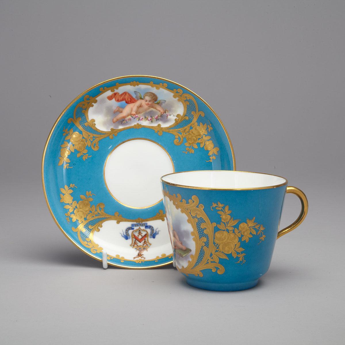 ‘Sèvres’ Bleu Celeste Ground Armorial Breakfast Cup and Saucer, 19th century