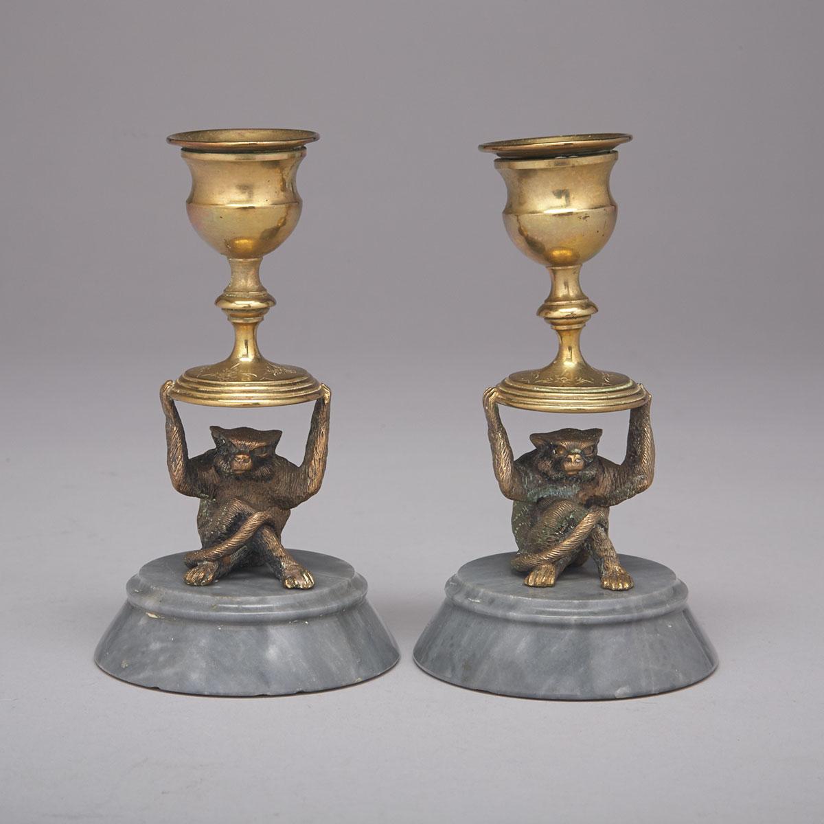 Pair of Austrian Gilt Bronze and Marble Singerie Candlesticks, c.1900