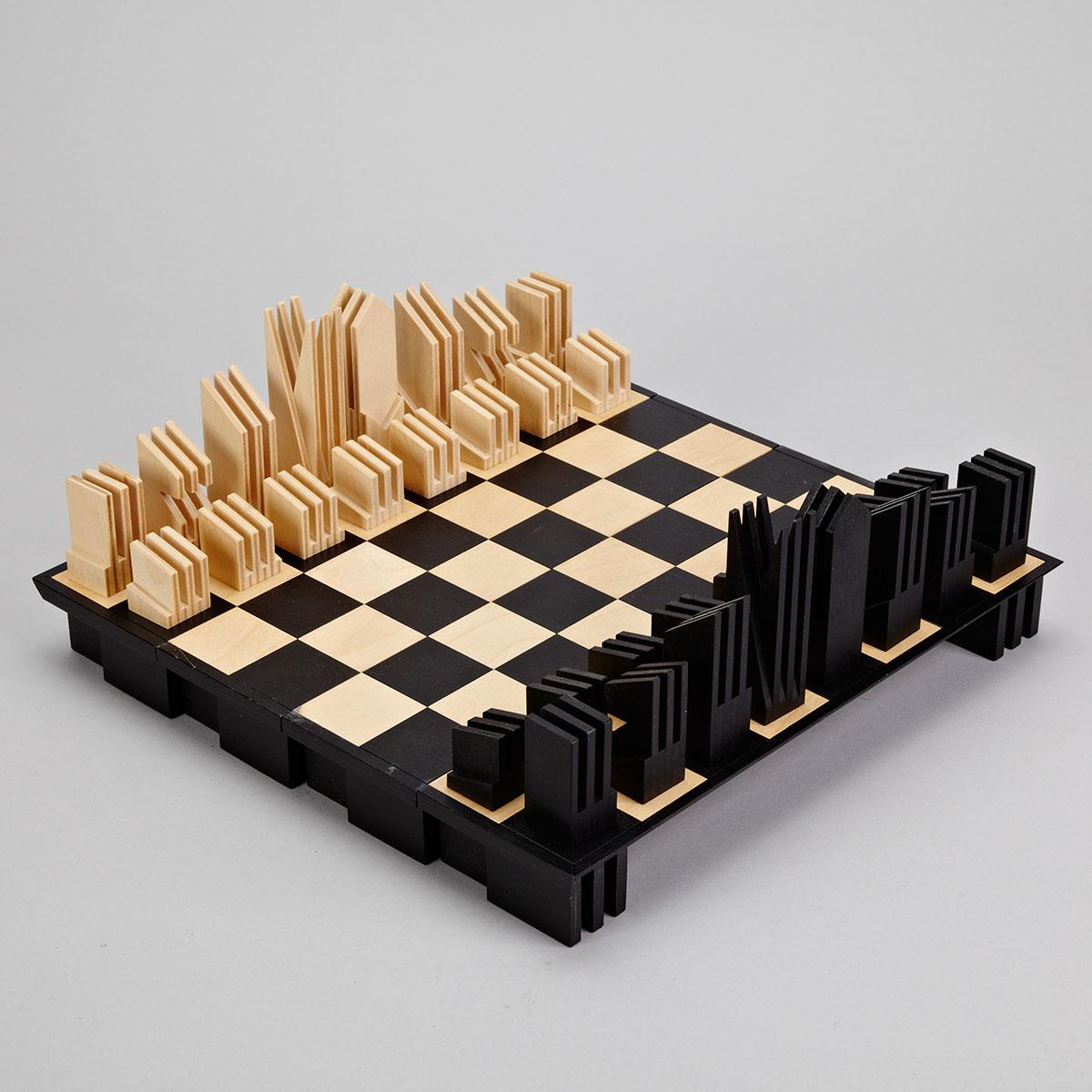Contemporary Abstract Folding Wood Chess Set, Anne Hornef, late 20th century