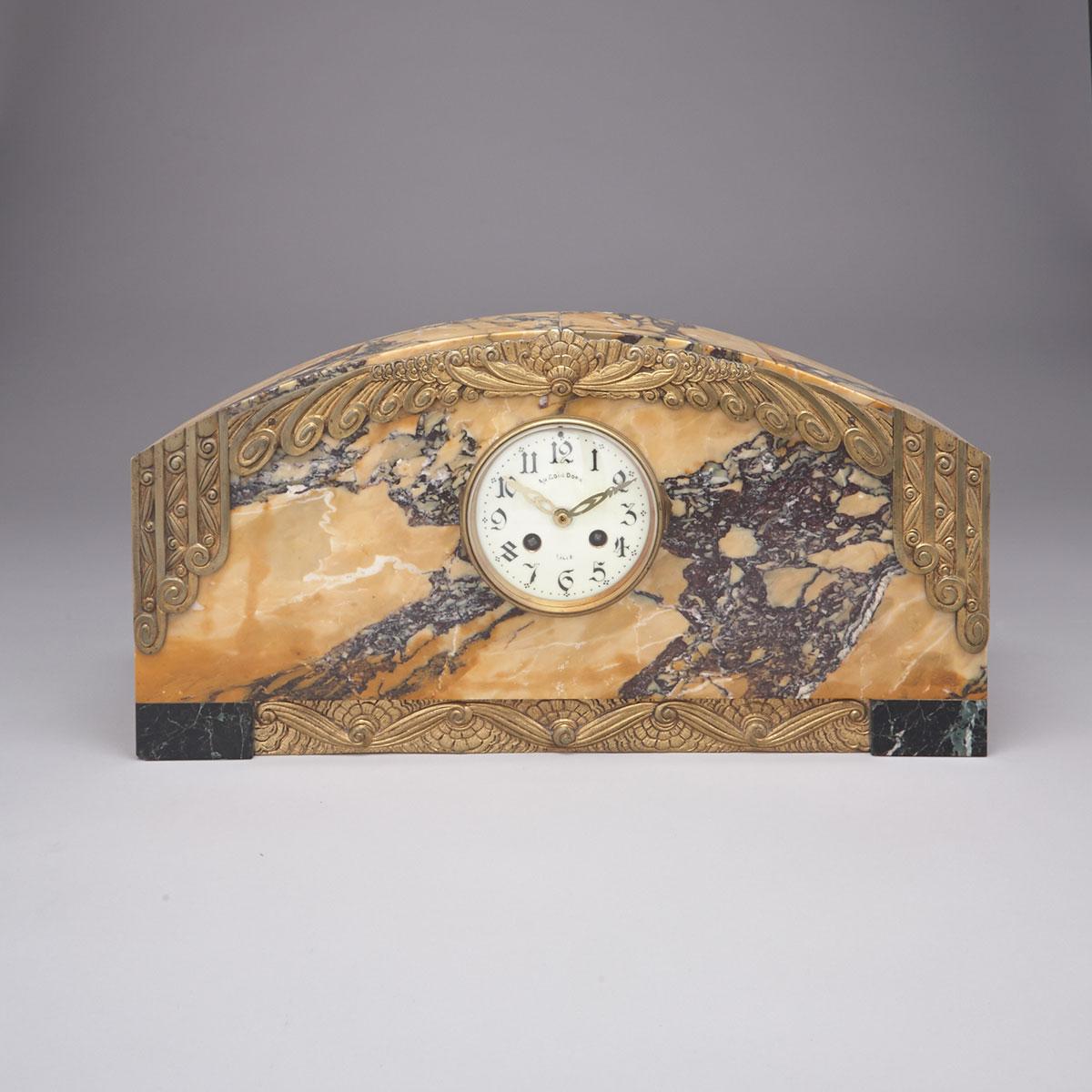 French Art Deco Gilt Bronze Mounted Sienna Marble Mantle Clock, c.1925