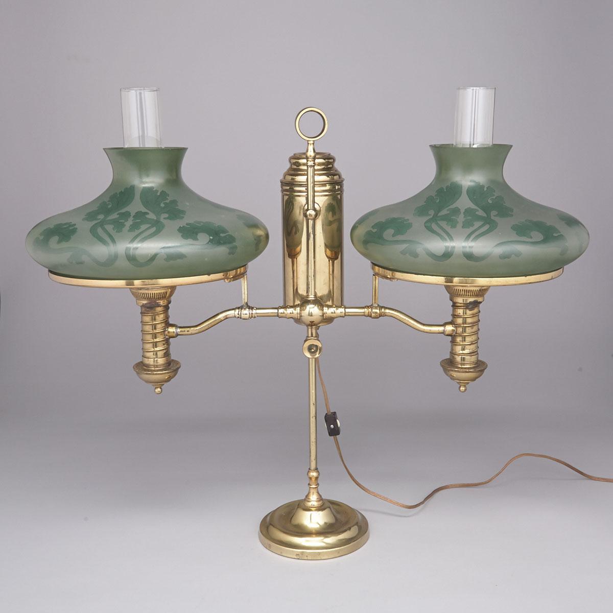 Handel Lacquered Brass and Glass Two Light Student Lamp, c.1910