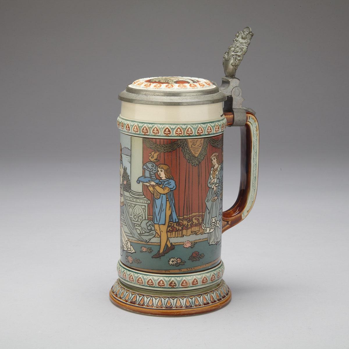Pewter Mounted Mettlach Stoneware Stein, early 20th century