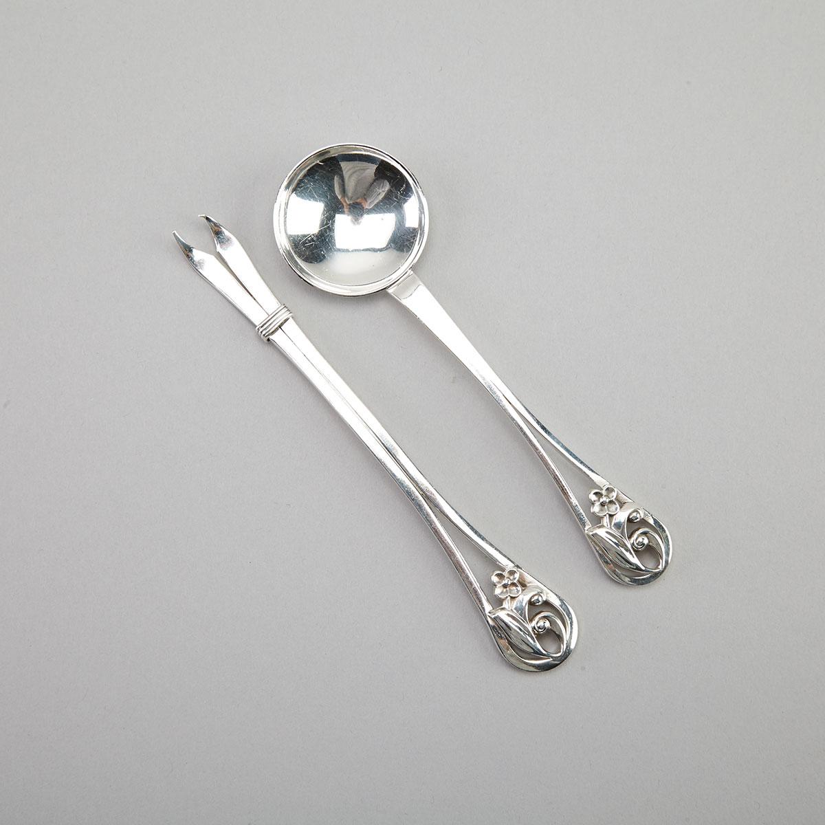 American Silver Condiment Spoon and Fork, Alphonse LaPaglia for Georg Jensen Inc., New York, N.Y., mid-20th century