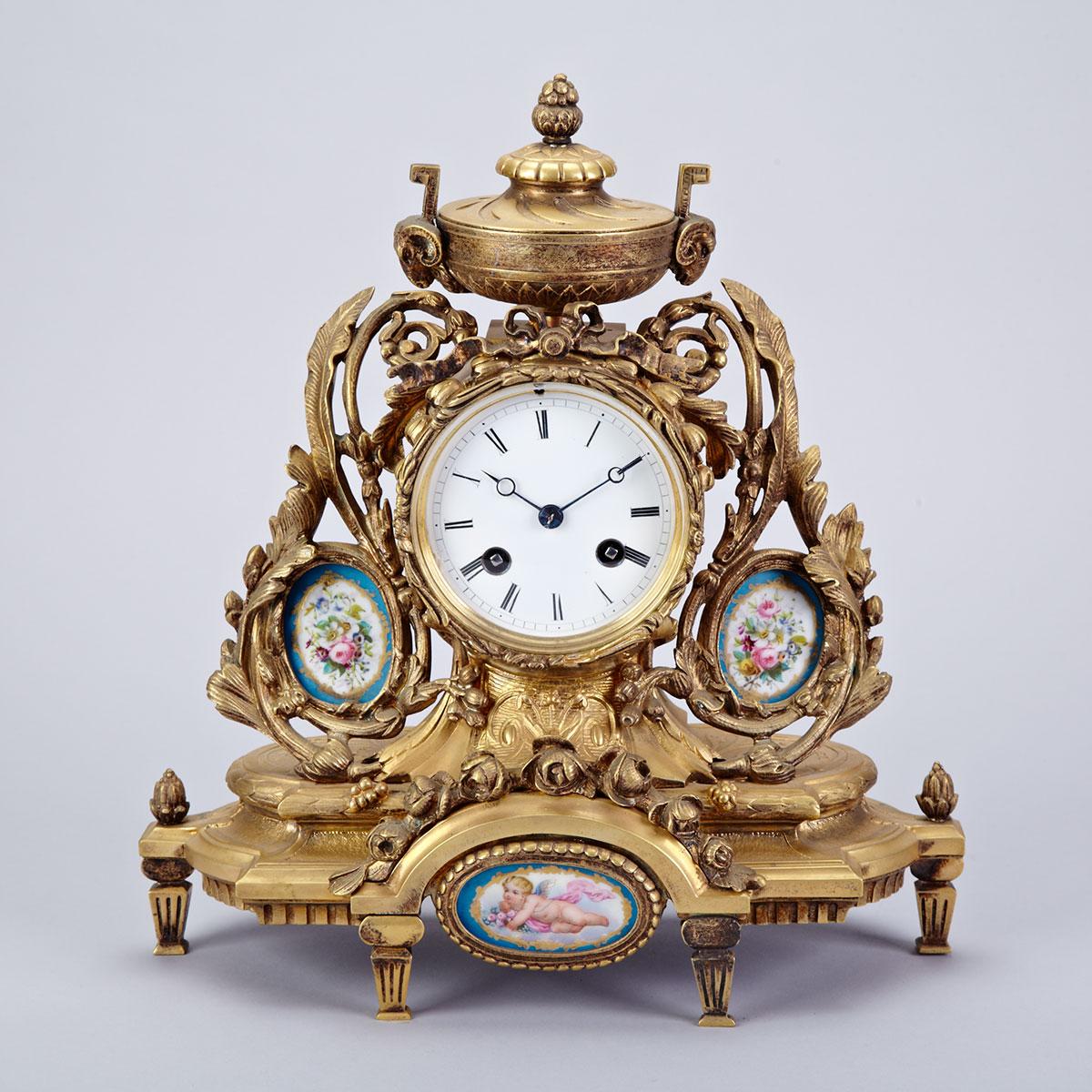 Louis XVI Style Sevres Porcelain Mounted Gilt Bronze Mantle Clock, 19th century