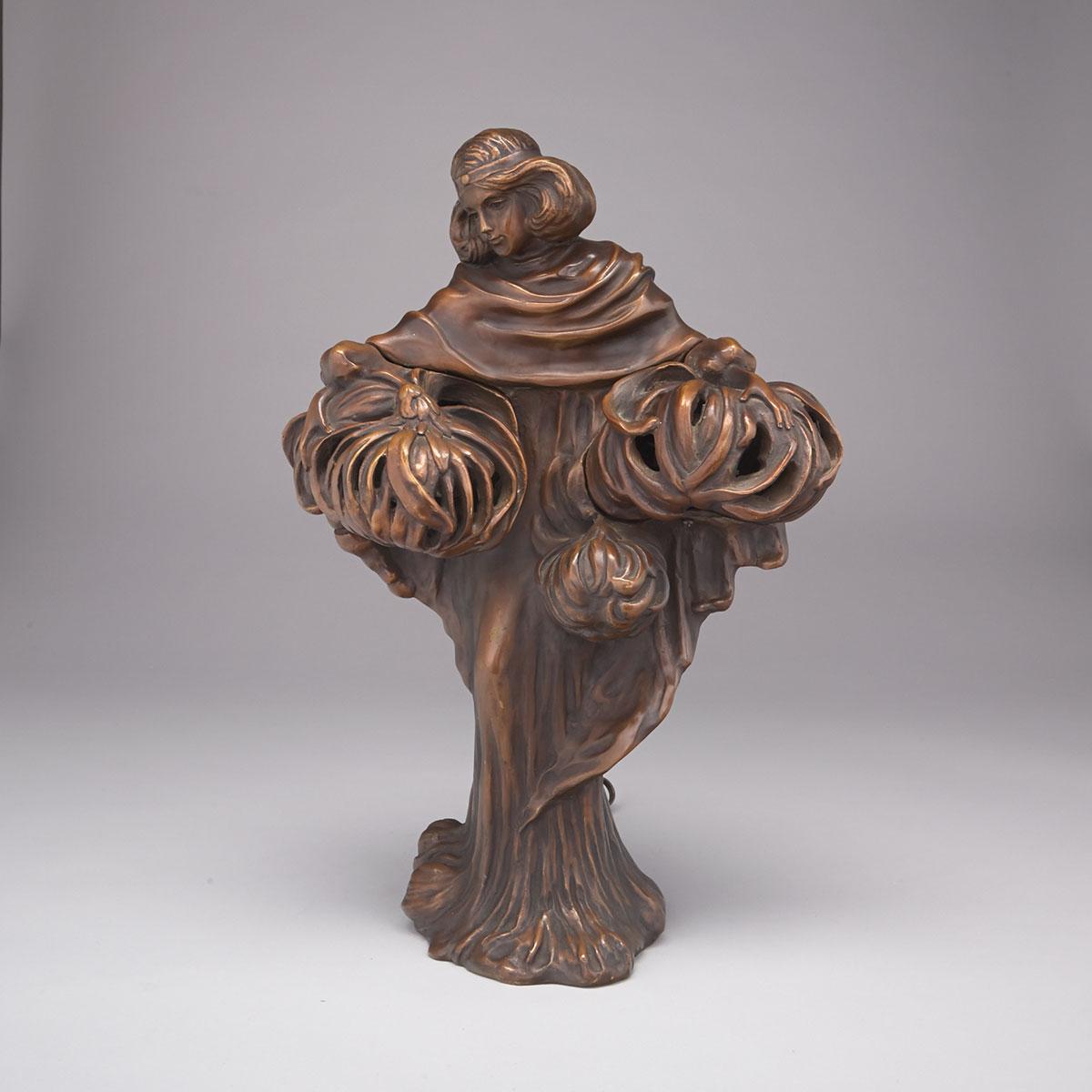 Art Nouveau Style Patinated Bronze Figural Table Lamp, late 20th century