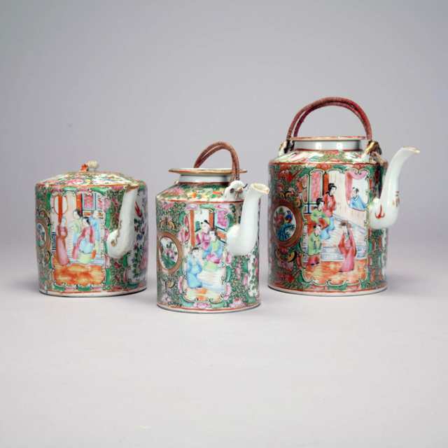 Three Export Canton Rose Teapots, 19th Century