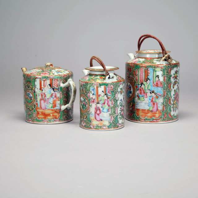 Three Export Canton Rose Teapots, 19th Century