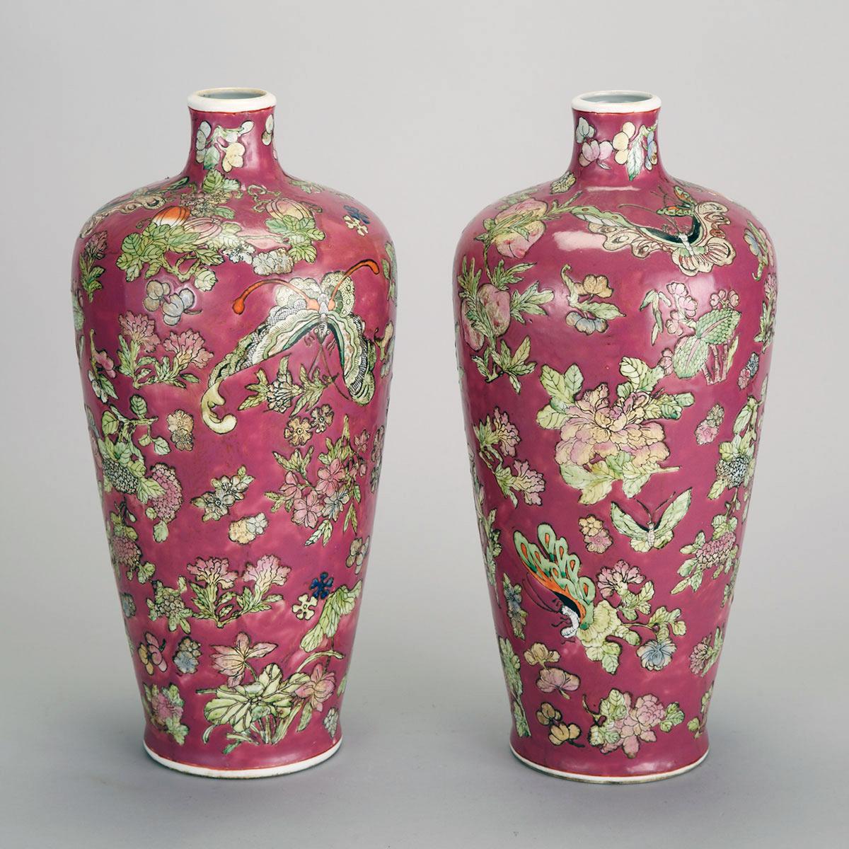 Pair of Famille Rose Puce Ground  Meiping Vases, Yongzheng Mark