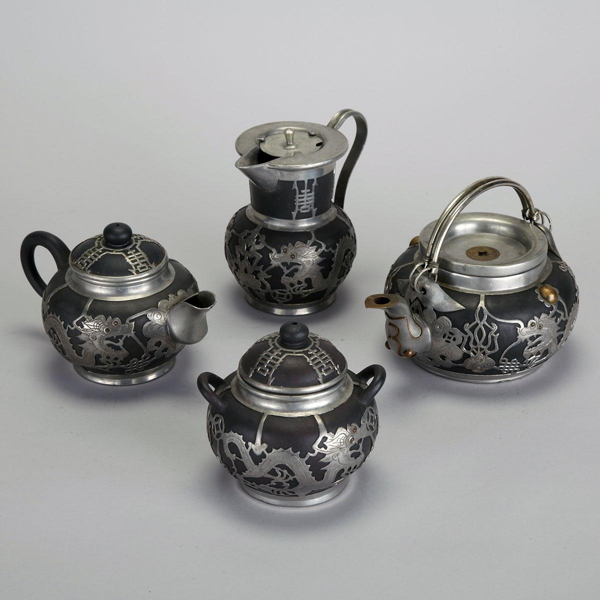 Four-Piece Stone Ware and Pewter Dragon Tea Set, Late Qing Dynasty