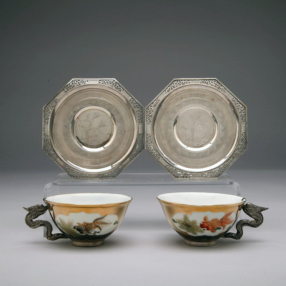 Pair of Silver Mounted Satsuma Teacups and Saucers 