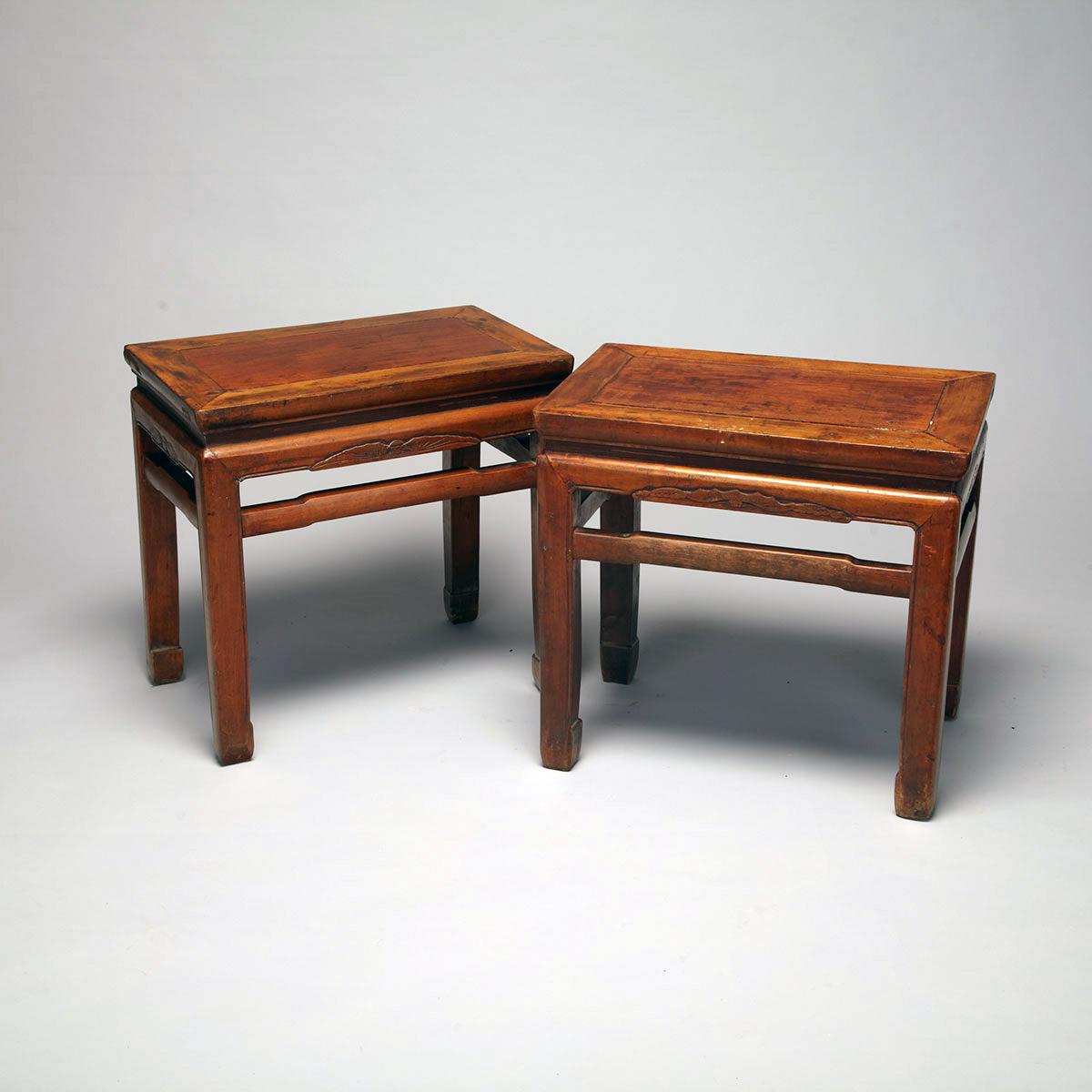 Pair of Mixed Wood Square Form Stools, Early 20th Century
