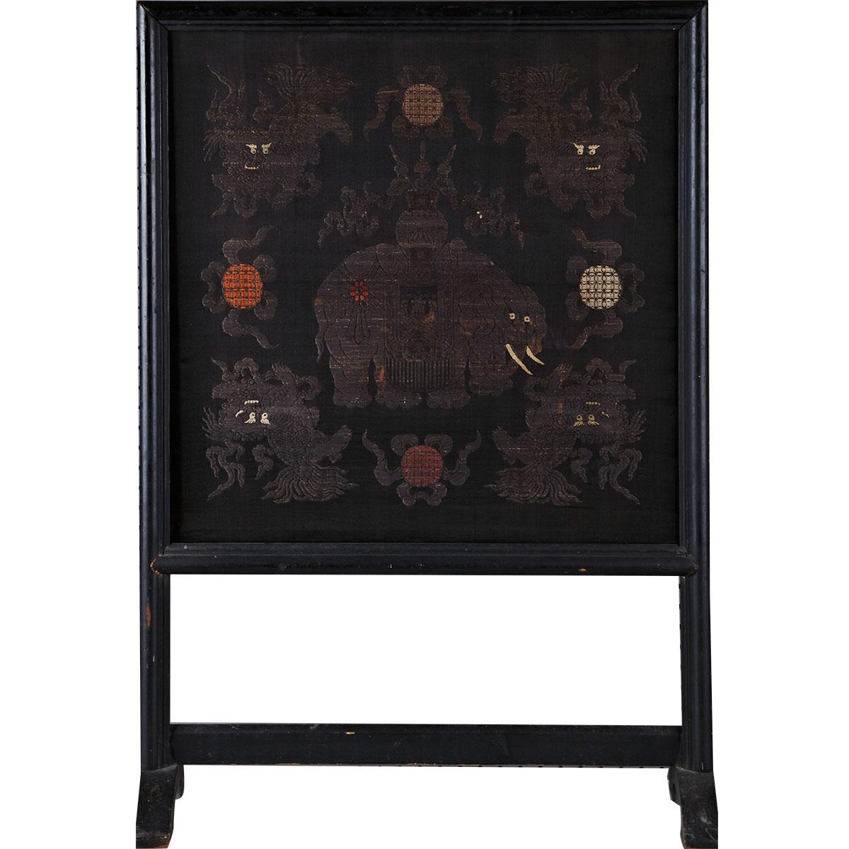 Black Silk Embroidered Table Screen, Late 19th Century