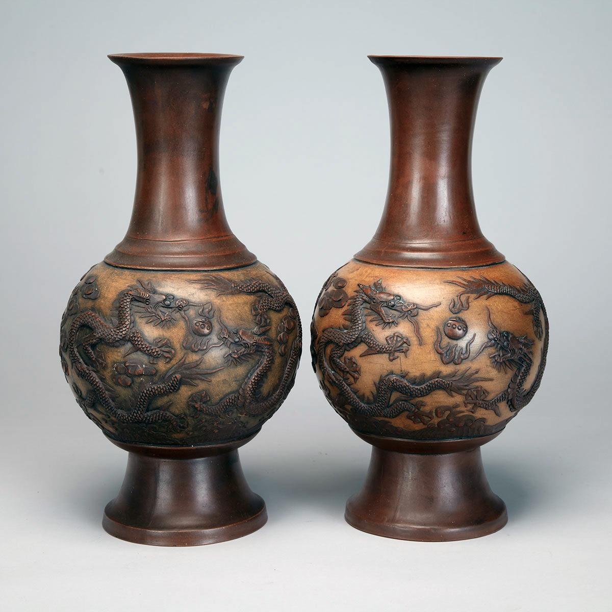 Pair of Stoneware Dragon Vases, Qianlong Mark