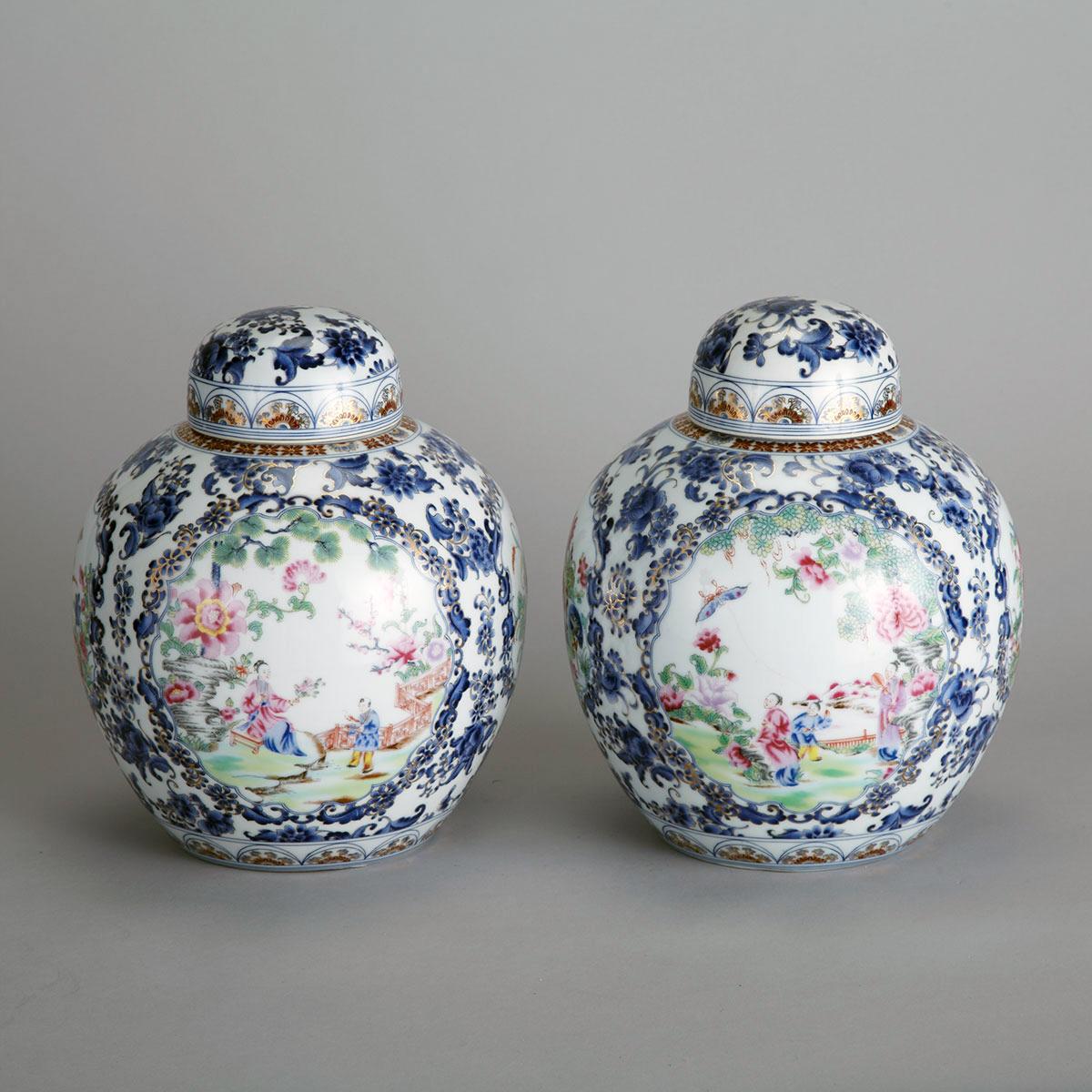 Pair of Export-Style Blue, White, and Famille Rose Ginger Jars