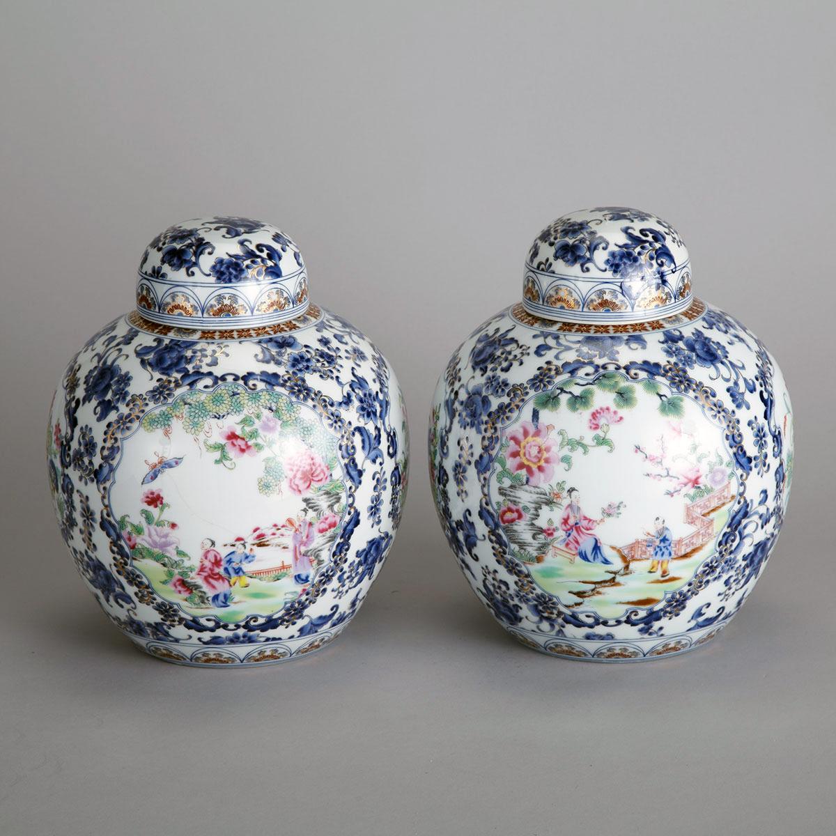 Pair of Export-Style Blue, White, and Famille Rose Ginger Jars