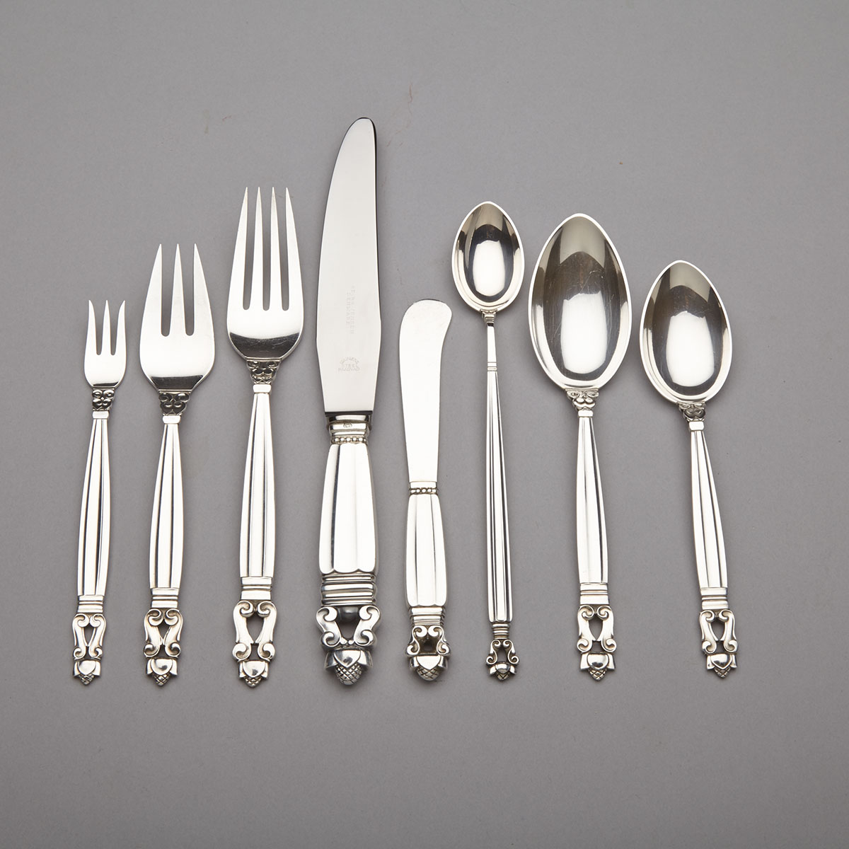 Danish Silver ‘Acorn’ Pattern Flatware Service, Johan Rohde for Georg Jensen, Copenhagen, 20th century