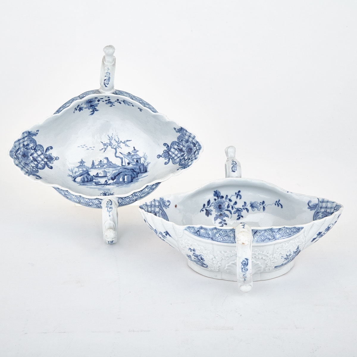 Pair of Worcester ‘Two-Handled Sauceboat Landscape’ Pattern Large Sauce Boats, c.1755-60