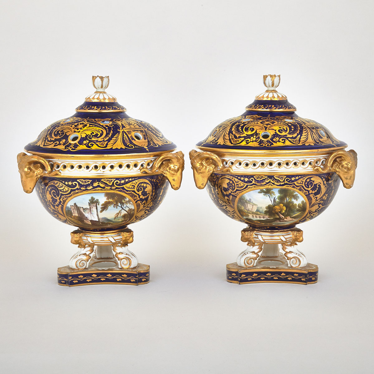 Pair of Derby Blue Ground Potpourri Mantel Urns and Covers, c.1825
