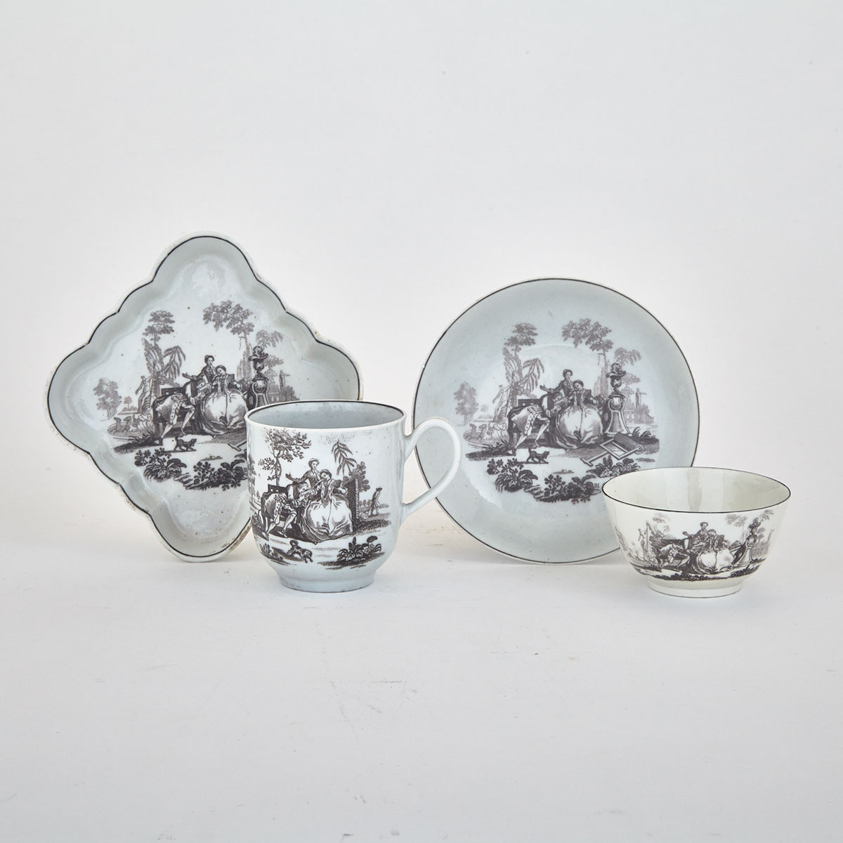 Worcester ‘L’Amour’ Diamond Shaped Tray and a Trio, c.1760