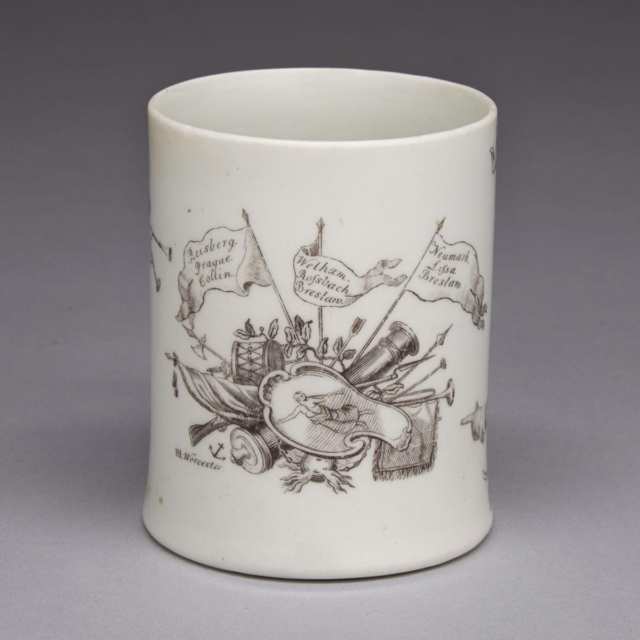 Worcester Black Printed ‘King of Prussia’ Small Mug, dated 1757