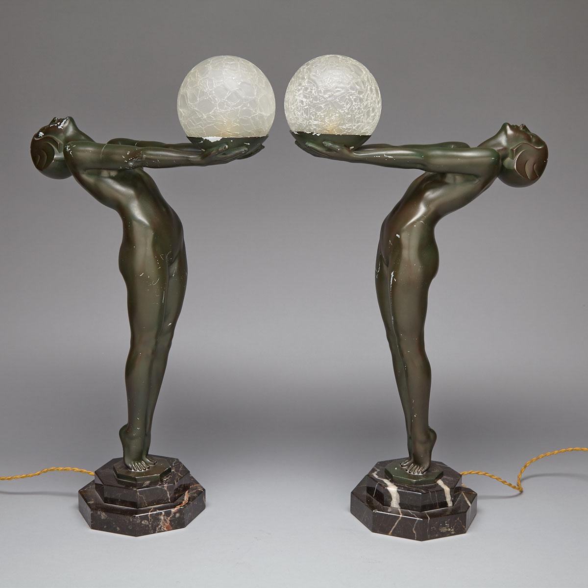 Pair of Art Deco Figural Table Lamps after Max Le Verrier (1891-1973), late 20th century